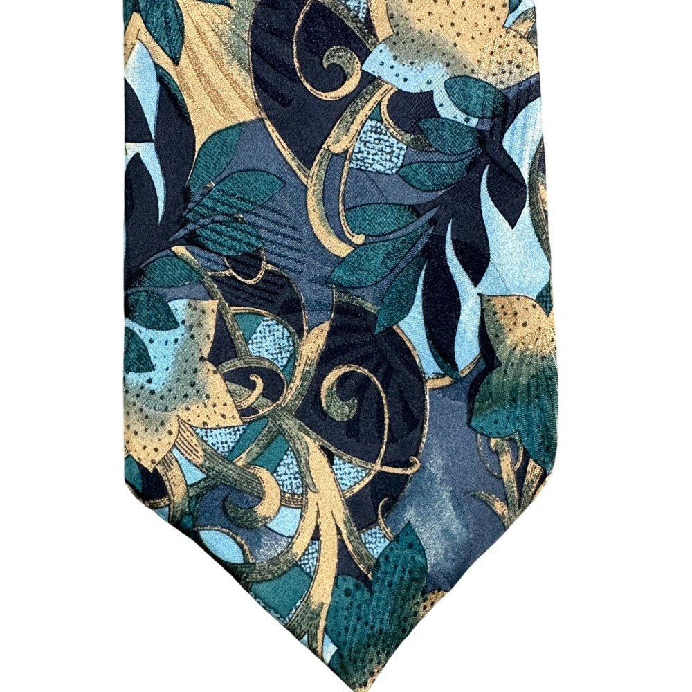 Adolfo Mens Silk Tie Blue Teal Gold Abstract Floral Scroll Pattern Necktie